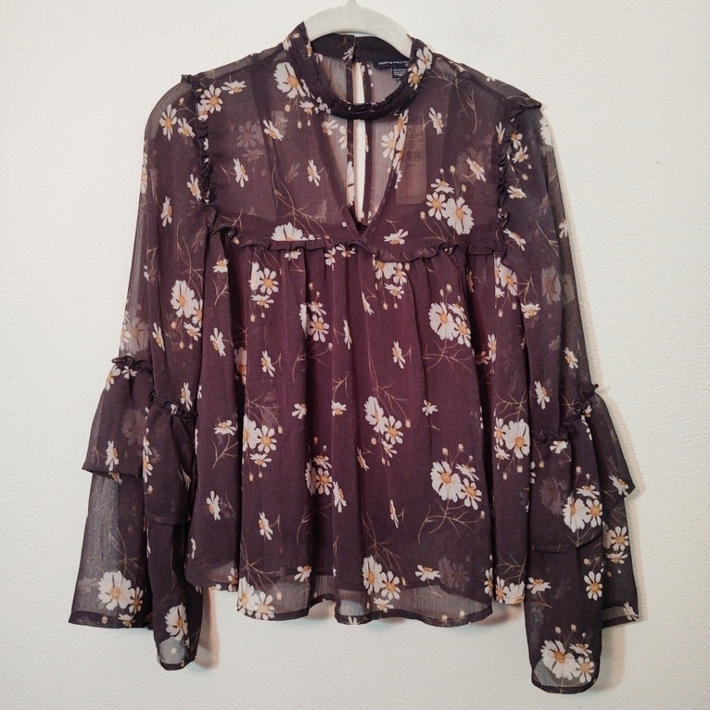 American Eagle Long Sleeve Mock Neck Sheer Top NEW